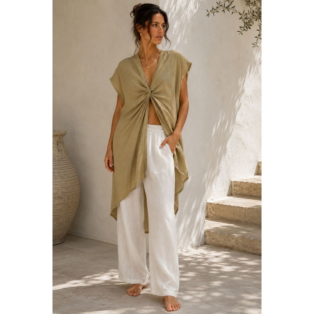 Sandra Weil 100% Linen Twist Front Midi Top Quiet Luxury Resort Minimal